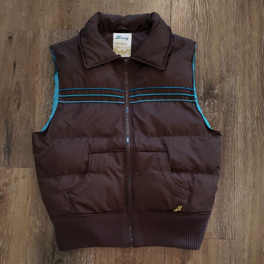 Y2K Vintage Brody Brown Zip Puffer Vest with Blue Accents, Size L Womens
